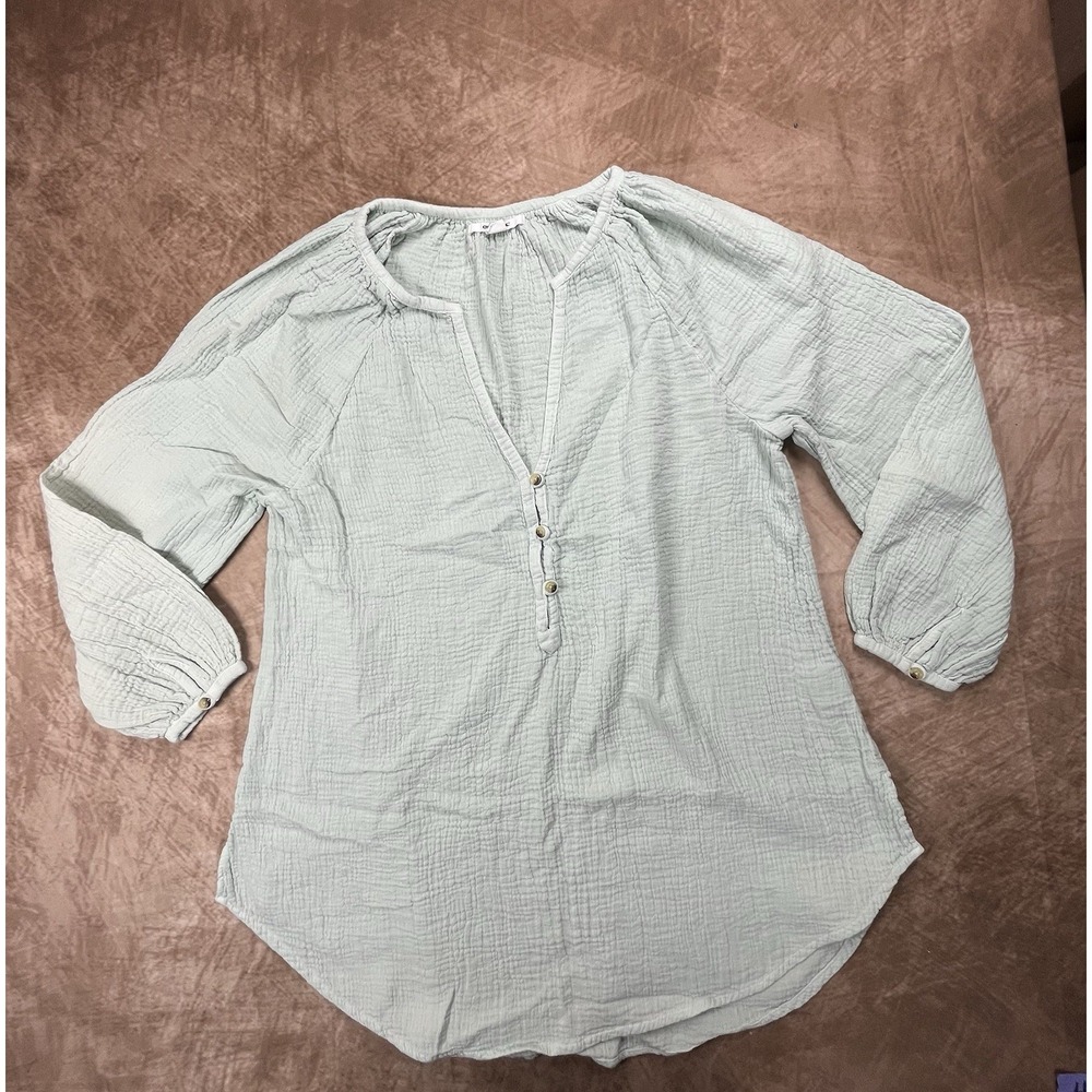 Light Green 3/4 Sleeve Gauze Women Shirt Size S Button V Neck Front By O'Neil